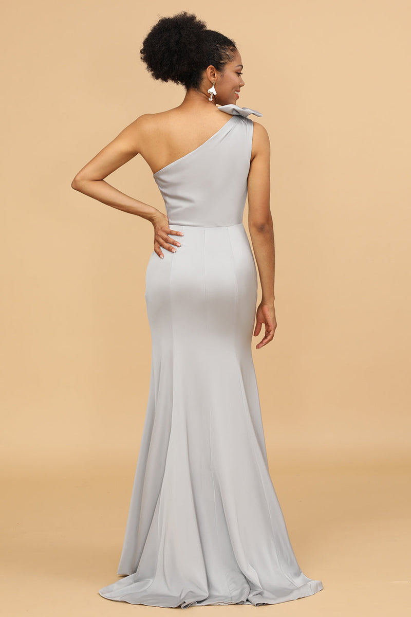 Zapaka Women Bridesmaid Dress Grey Satin One Shoulder Mermaid