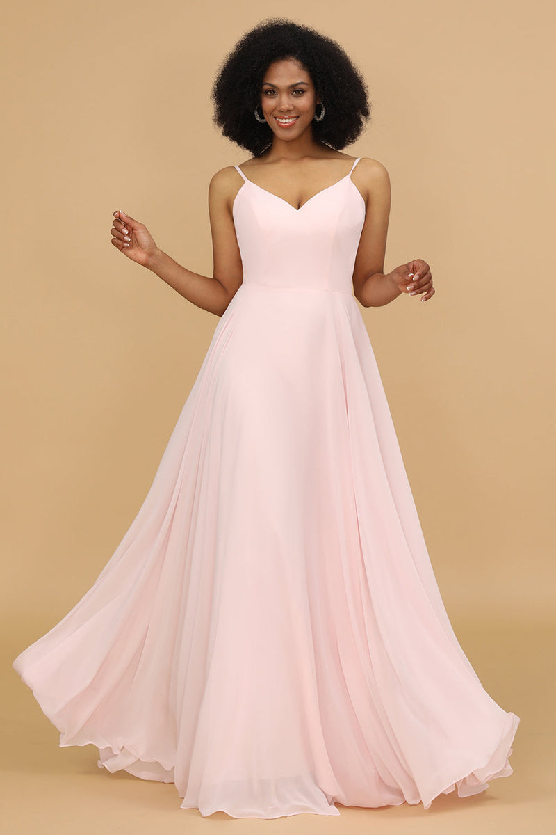 A Line Spaghetti Straps Pink Chiffon Long Bridesmaid Dress