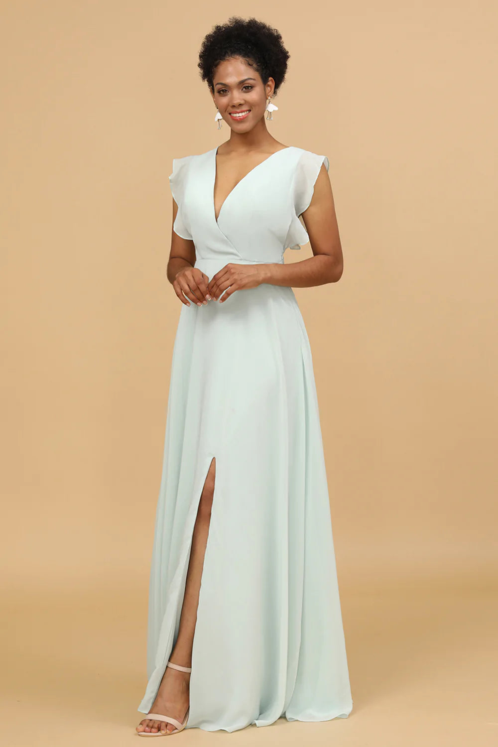 Mint Chiffon V-Neck Bridesmaid Dress