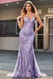 Lilac Sparkly Mermaid Long Formal Dress with Beading