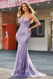 Lilac Sparkly Mermaid Long Formal Dress with Beading