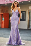 Lilac Sparkly Mermaid Long Formal Dress with Beading