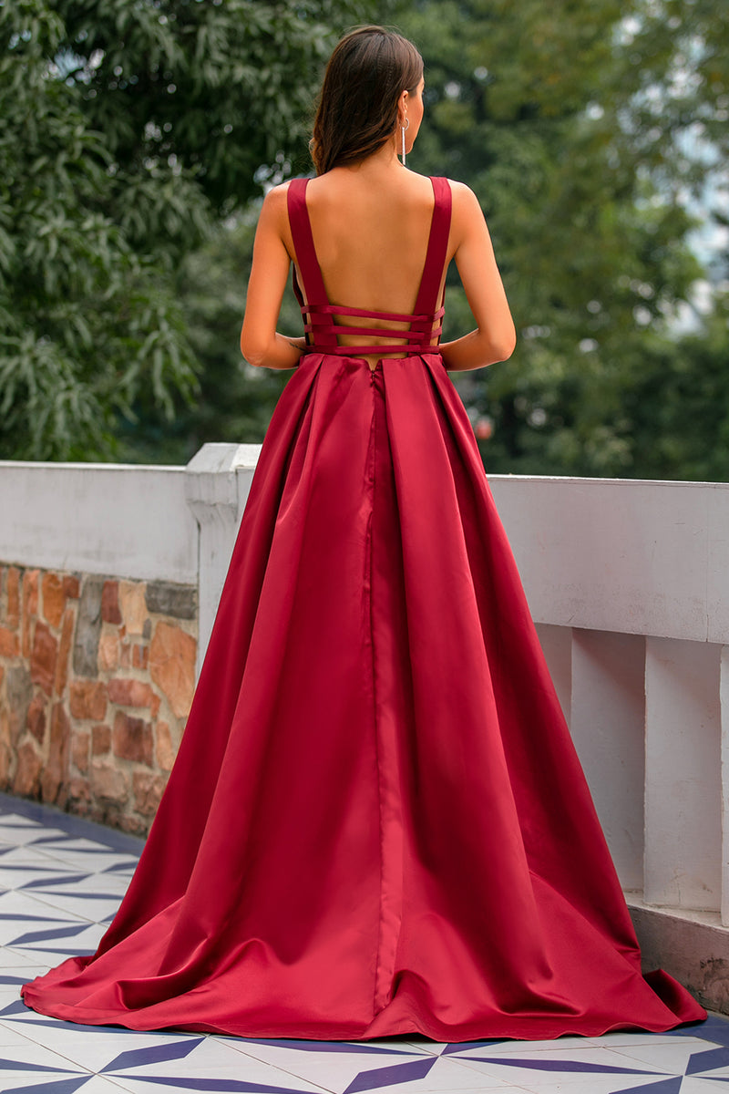 Red satin v sales neck prom dress