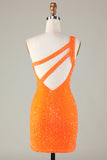 Sequins One Shoulder Orange Tight Beading Short Formal Dress