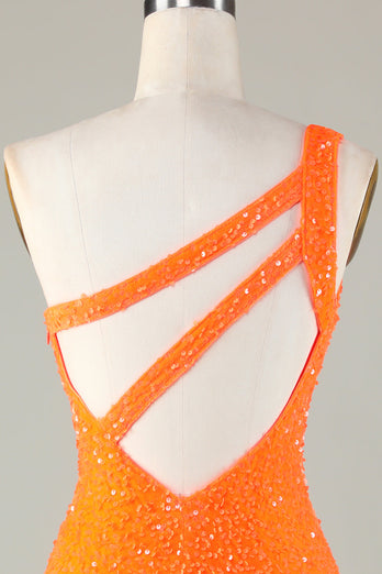 Sequins One Shoulder Orange Tight Beading Short Formal Dress