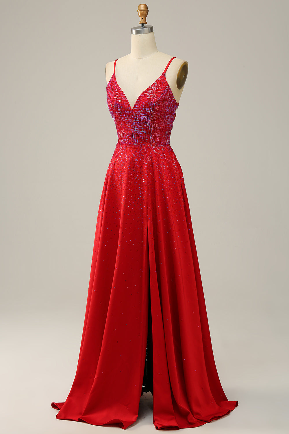 A Line Red Spaghetti Straps Beaded Long Formal Dress