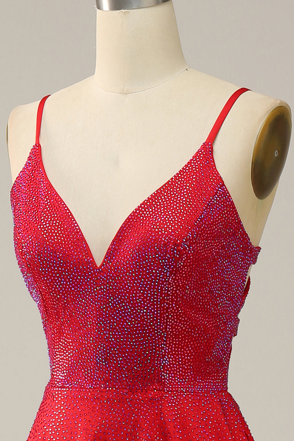 A Line Red Spaghetti Straps Beaded Long Formal Dress