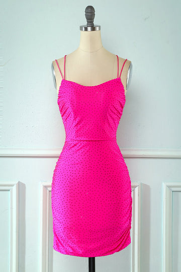 Rose Pink Lace Up Tight Cocktail Dress