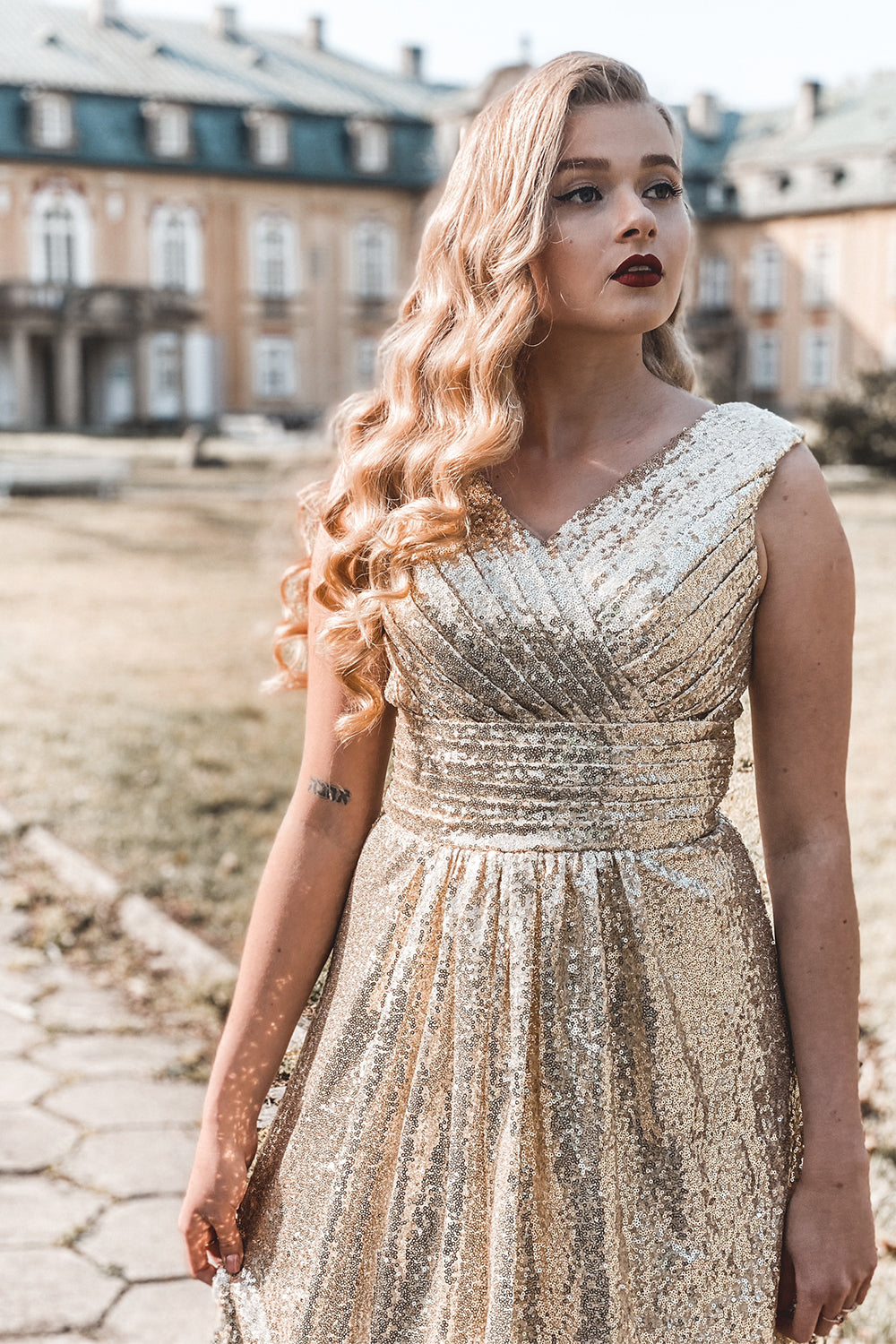 Gold V Neck Sequin Prom Bridesmaid