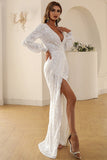 Sparkly White V Neck Lace Long Sleeves Maxi Formal Dress