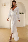 Sparkly White V Neck Lace Long Sleeves Maxi Formal Dress
