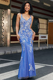 Trendy Mermaid V Neck Light Blue Long Formal Dress with Appliques Slit