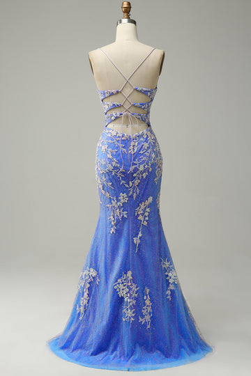 Mermaid V Neck Light Blue Long Formal Dress with Appliques Beading