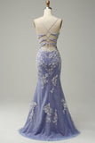 Mermaid V Neck Light Blue Long Formal Dress with Appliques Beading