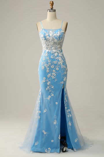 Mermaid Spaghetti Straps Blue Long Formal Dress with Appliques