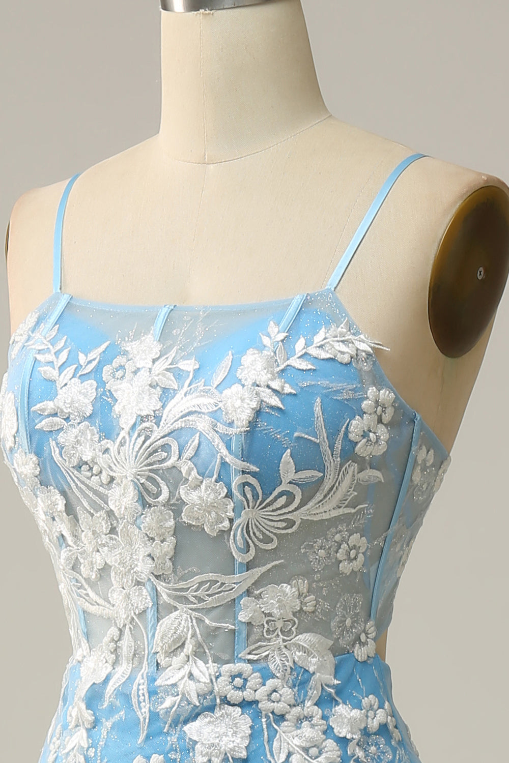 Mermaid Spaghetti Straps Blue Long Formal Dress with Appliques