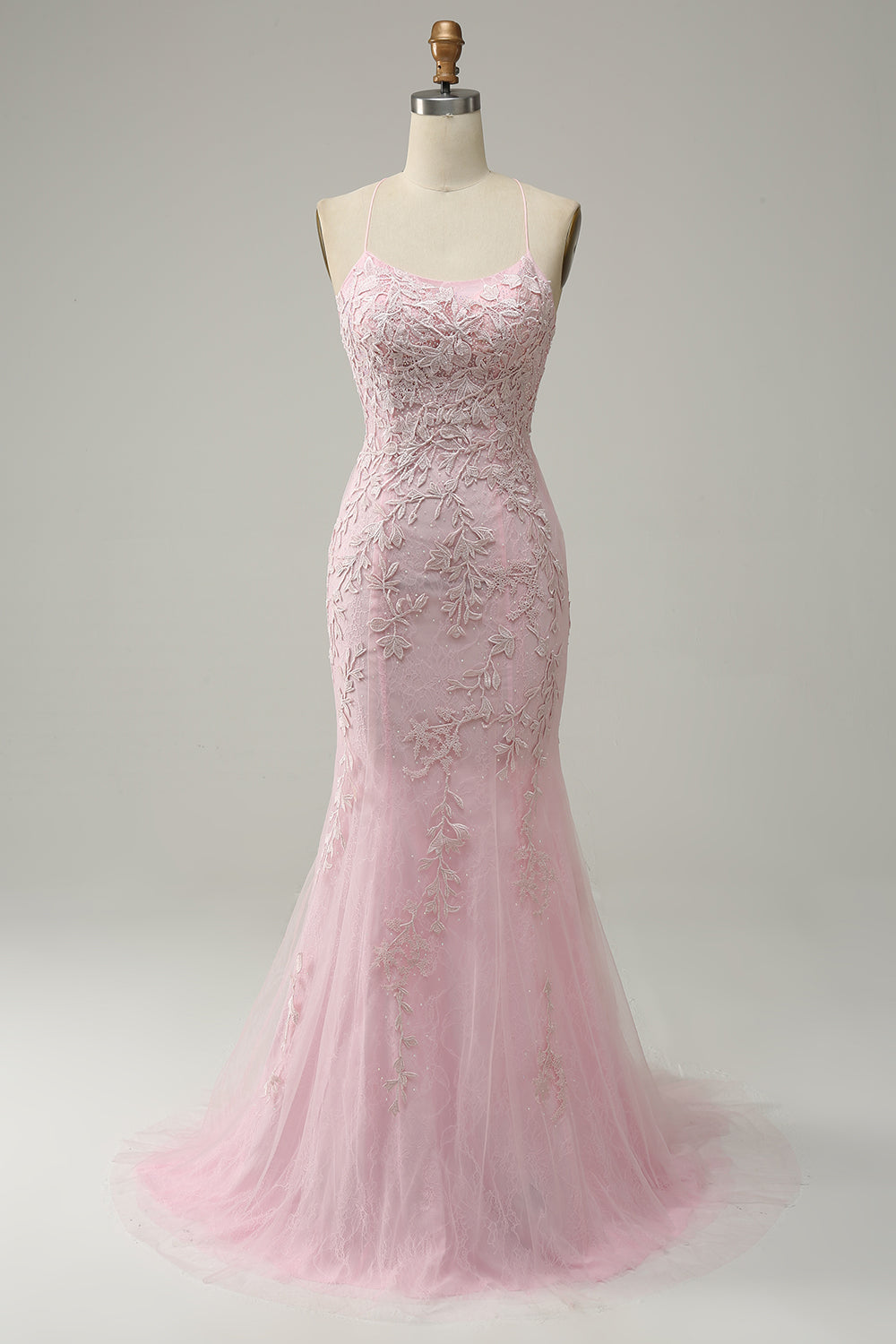 Mermaid Spaghetti Straps Light Pink Long Formal Dress with Appliques