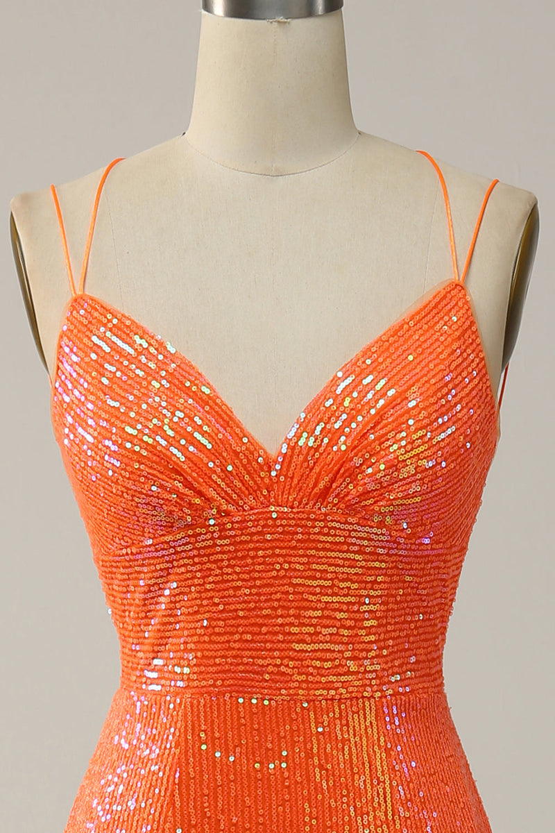 Zapaka Women Orange Sequins Long Formal Dress Mermaid V Neck Evening