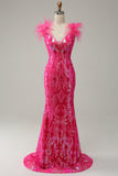 Mermaid Deep V Neck Fuchsia Sequins Long Formal Dress with Feathers
