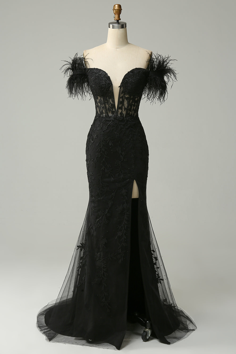 Off the Shoulder Black Mermaid Formal Dress with Feathers