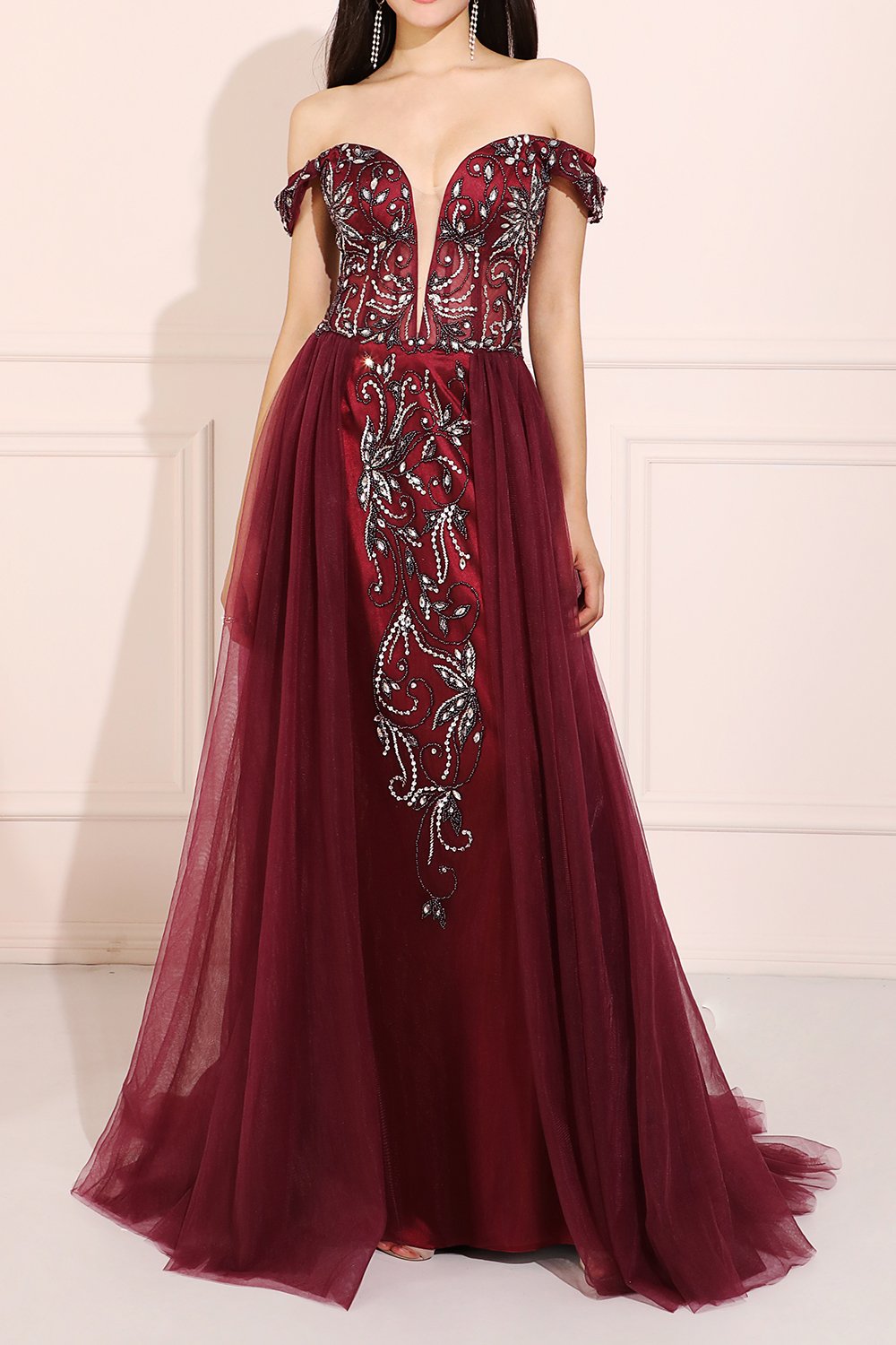 Burgundy Beaded Long Prom Dress