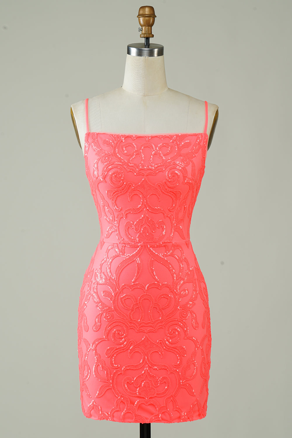 Spaghetti Straps Peach Glitter Tight Short Formal Dress