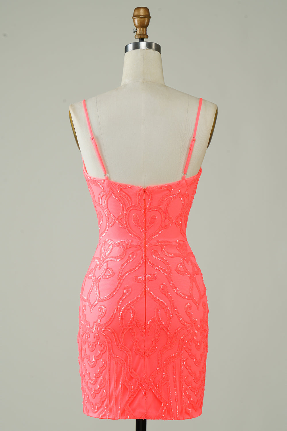 Spaghetti Straps Peach Glitter Tight Short Formal Dress