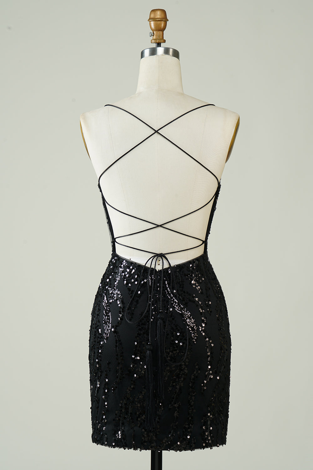 Black Sequins Spaghetti Straps Tight Short Formal Dress