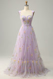 A-Line Square Neck Purple Long Formal Dress with Embroidery