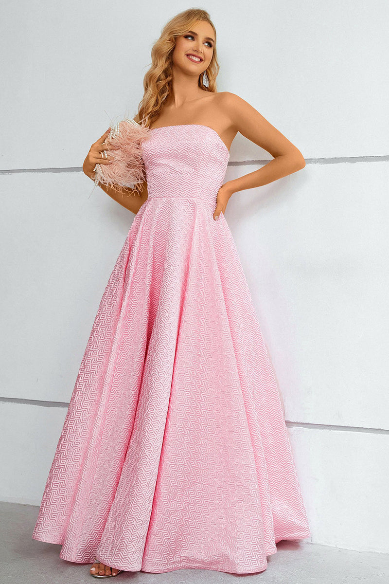 Pink Lace Up A Line Strapless Formal Dress