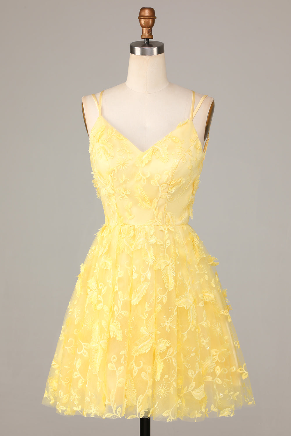 A Line Spaghetti Straps Yellow Short Cocktail Dress with Appliques