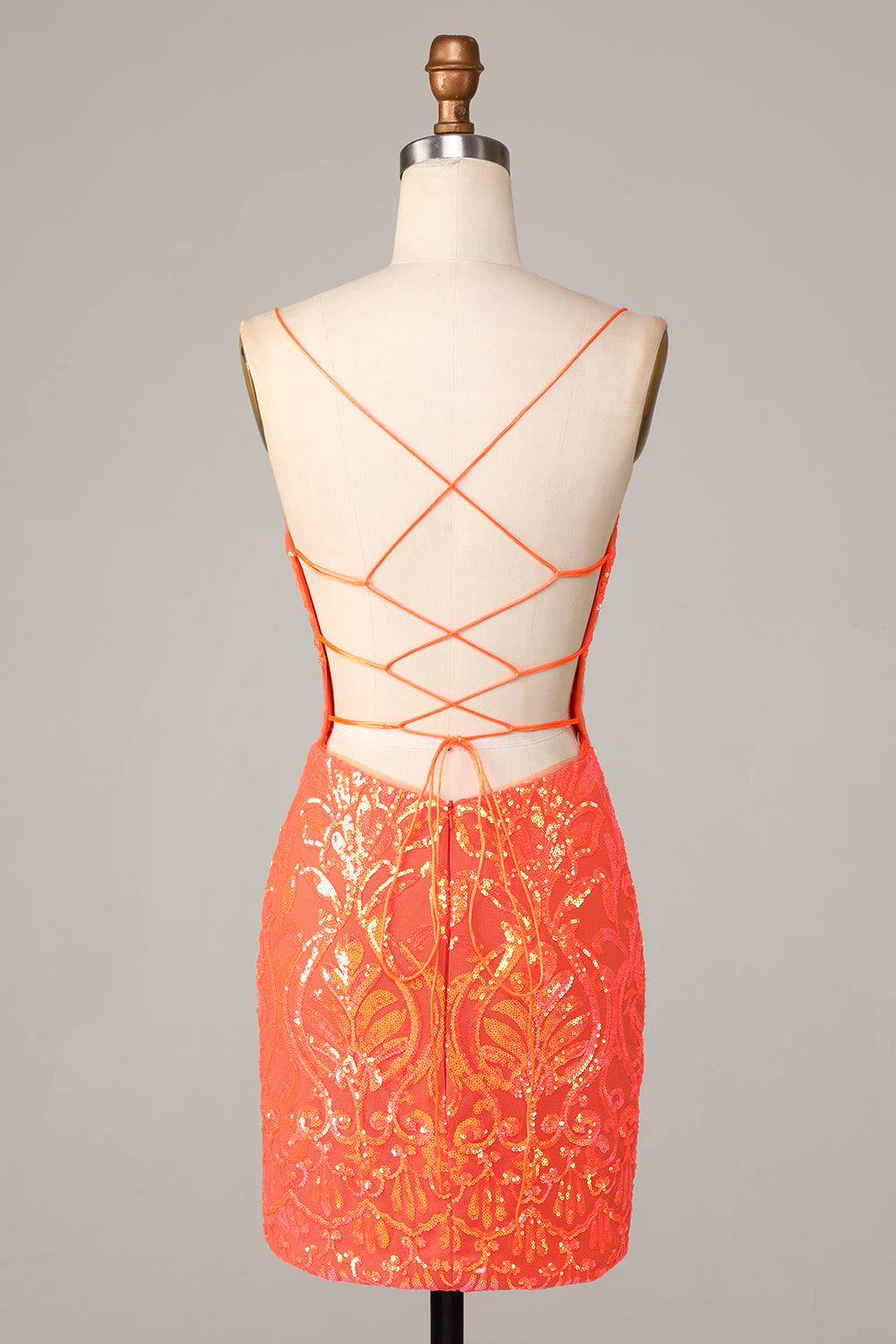 Sparkly Orange Bodycon Spaghetti Straps Sequins Short Formal Dress