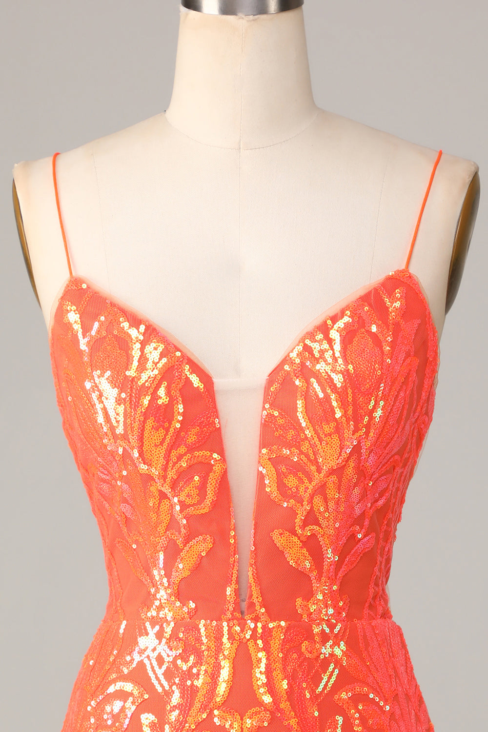 Sparkly Orange Bodycon Spaghetti Straps Sequins Short Formal Dress