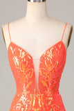 Sparkly Orange Bodycon Spaghetti Straps Sequins Short Formal Dress