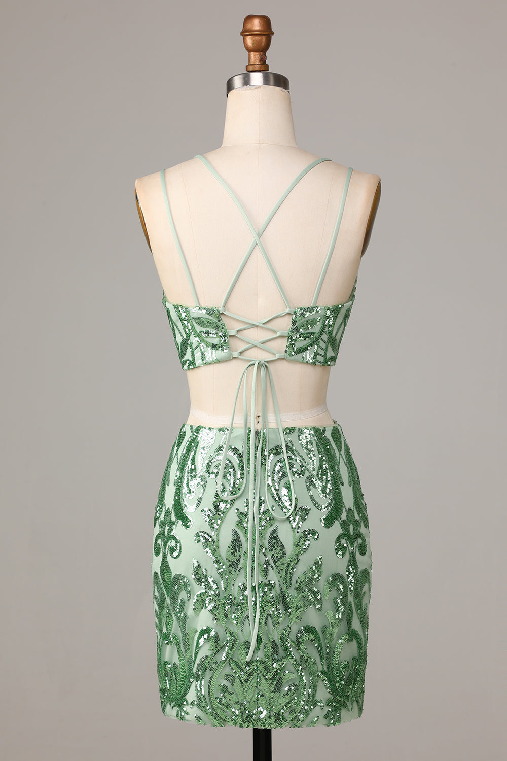 Two Piece Spaghetti Straps Green Sequins Short Formal Dress