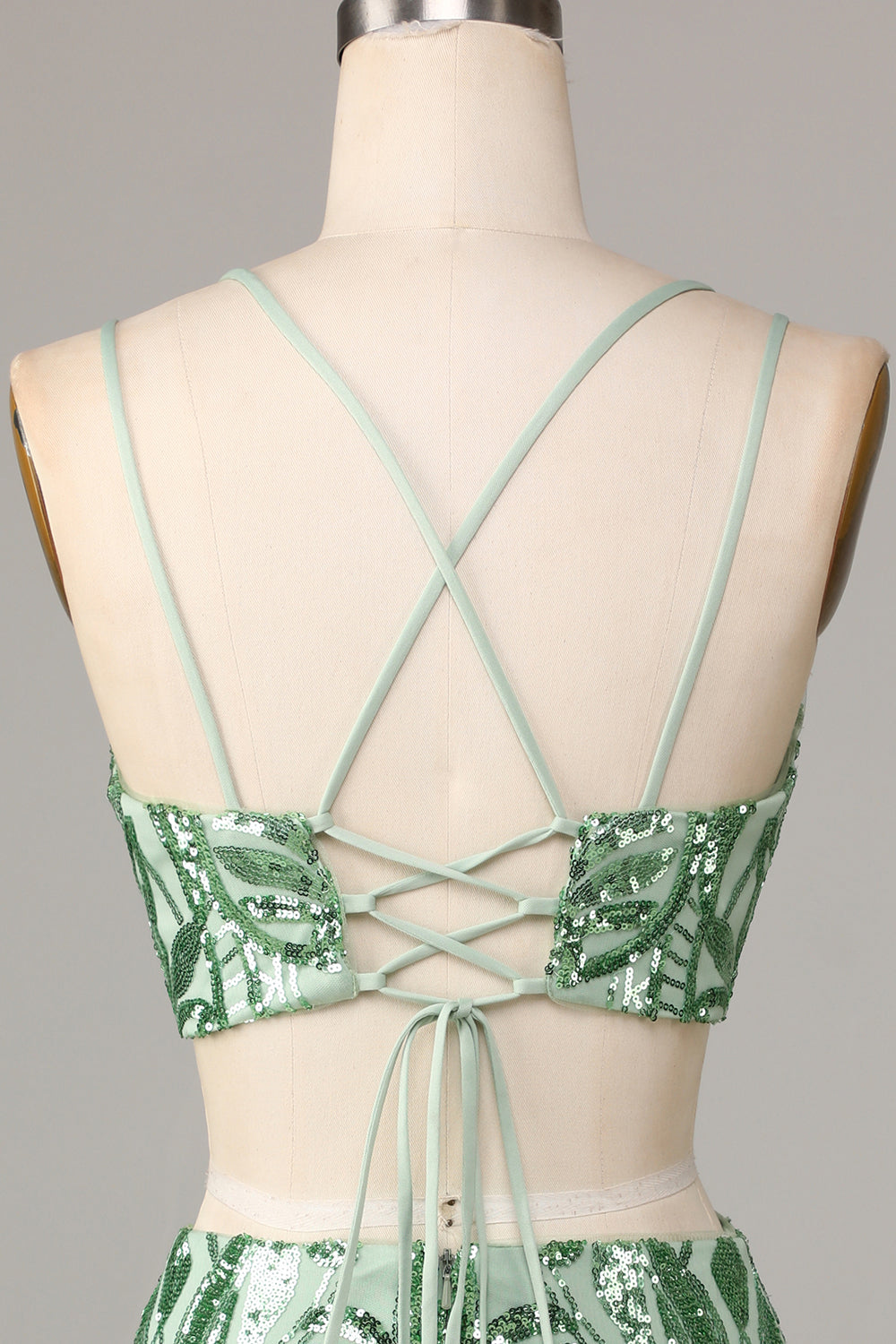 Two Piece Spaghetti Straps Green Sequins Short Formal Dress