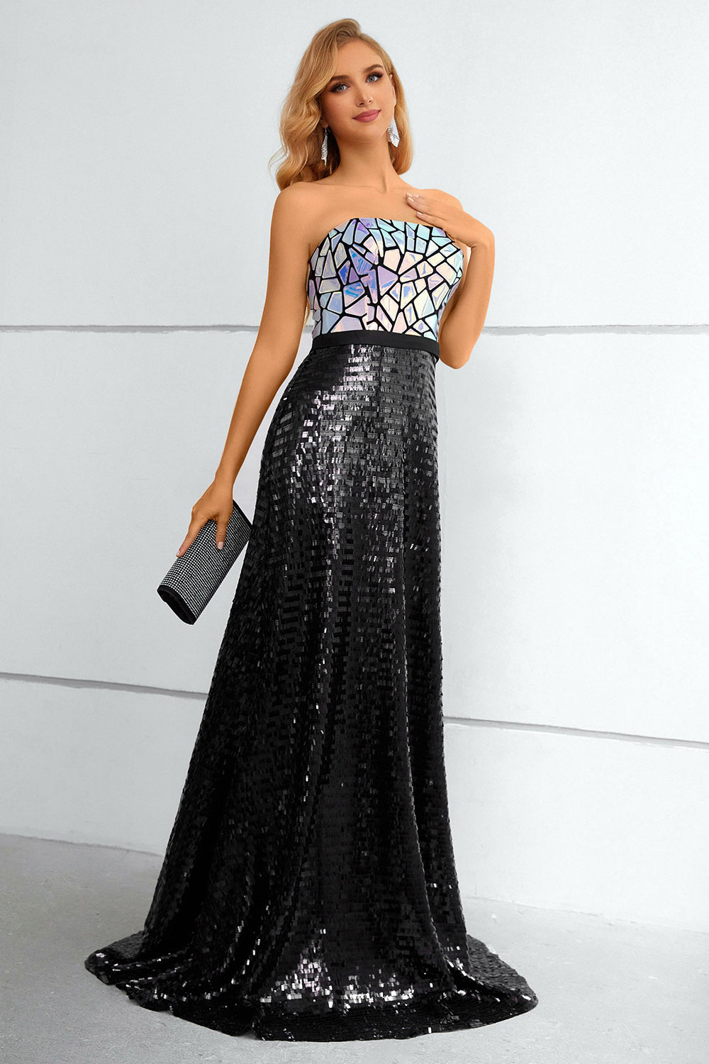 Black Sequined Strapless Formal Dress