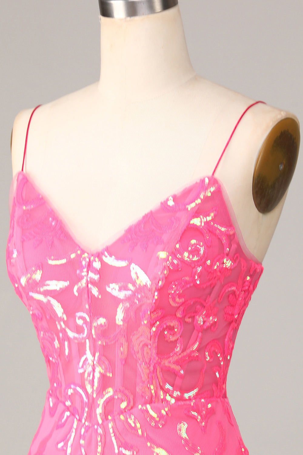 Bodycon Spaghetti Straps Fuchsia Sequins Short Formal Dress