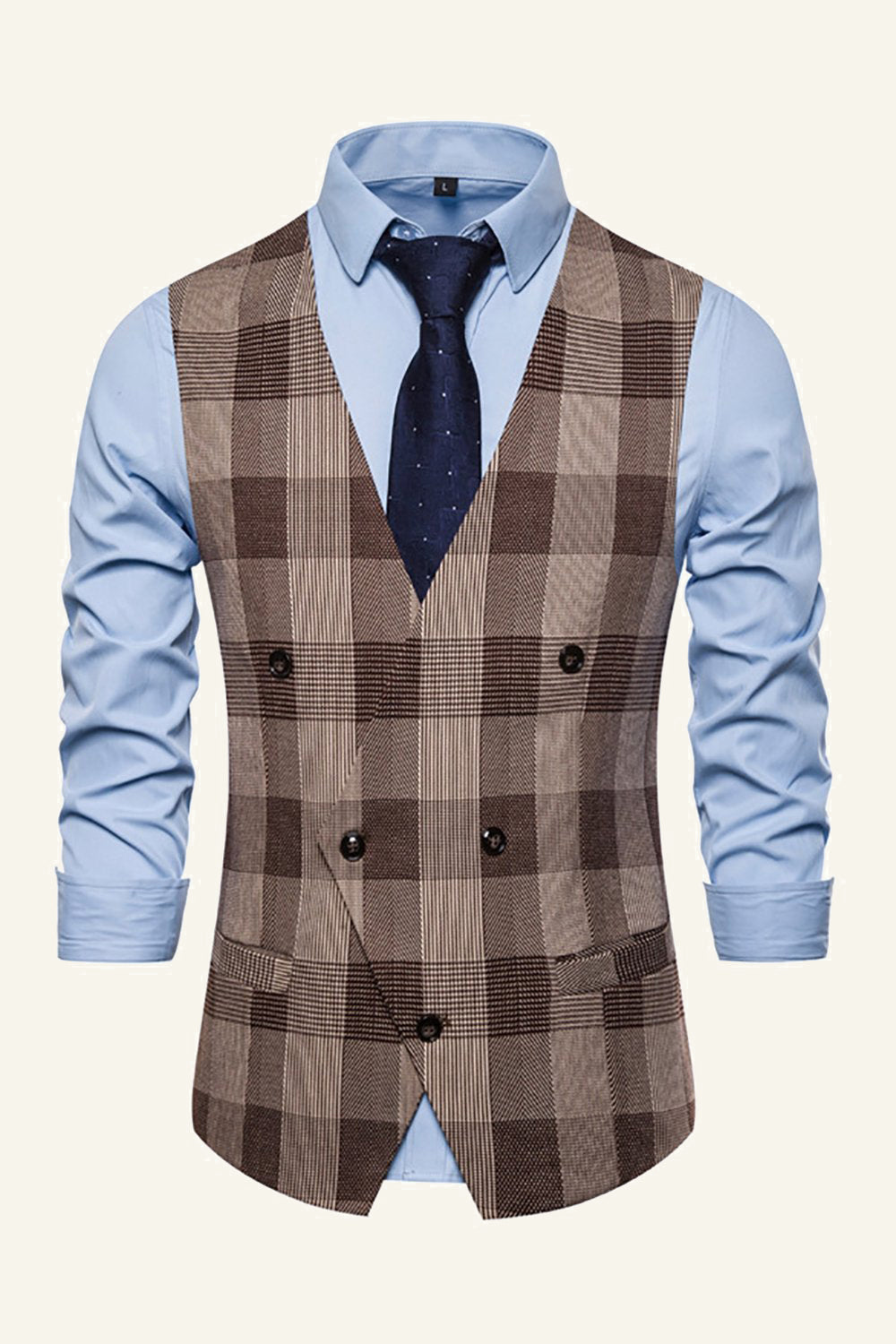 Lapel Brown Men's Check Vest