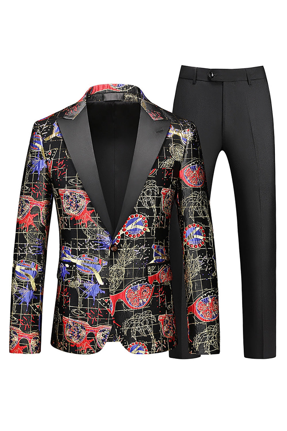 Men's Red Printed Peak Lapel 2-Piece Formal Suits