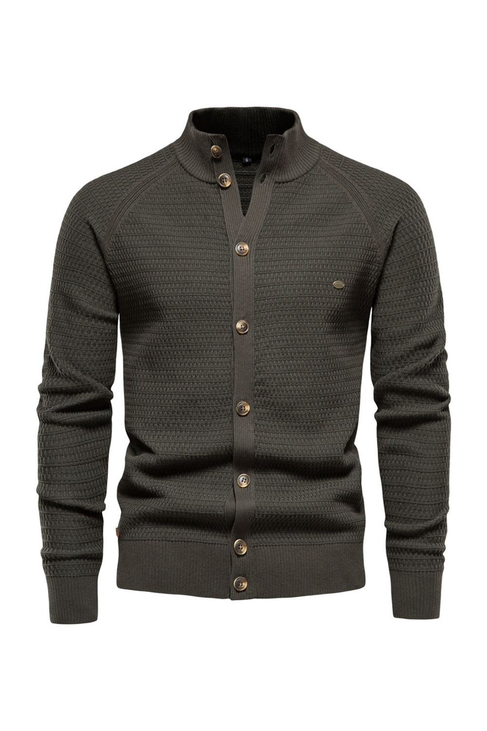 Men's Army Green Button Down Stand Collar Knit Sweater