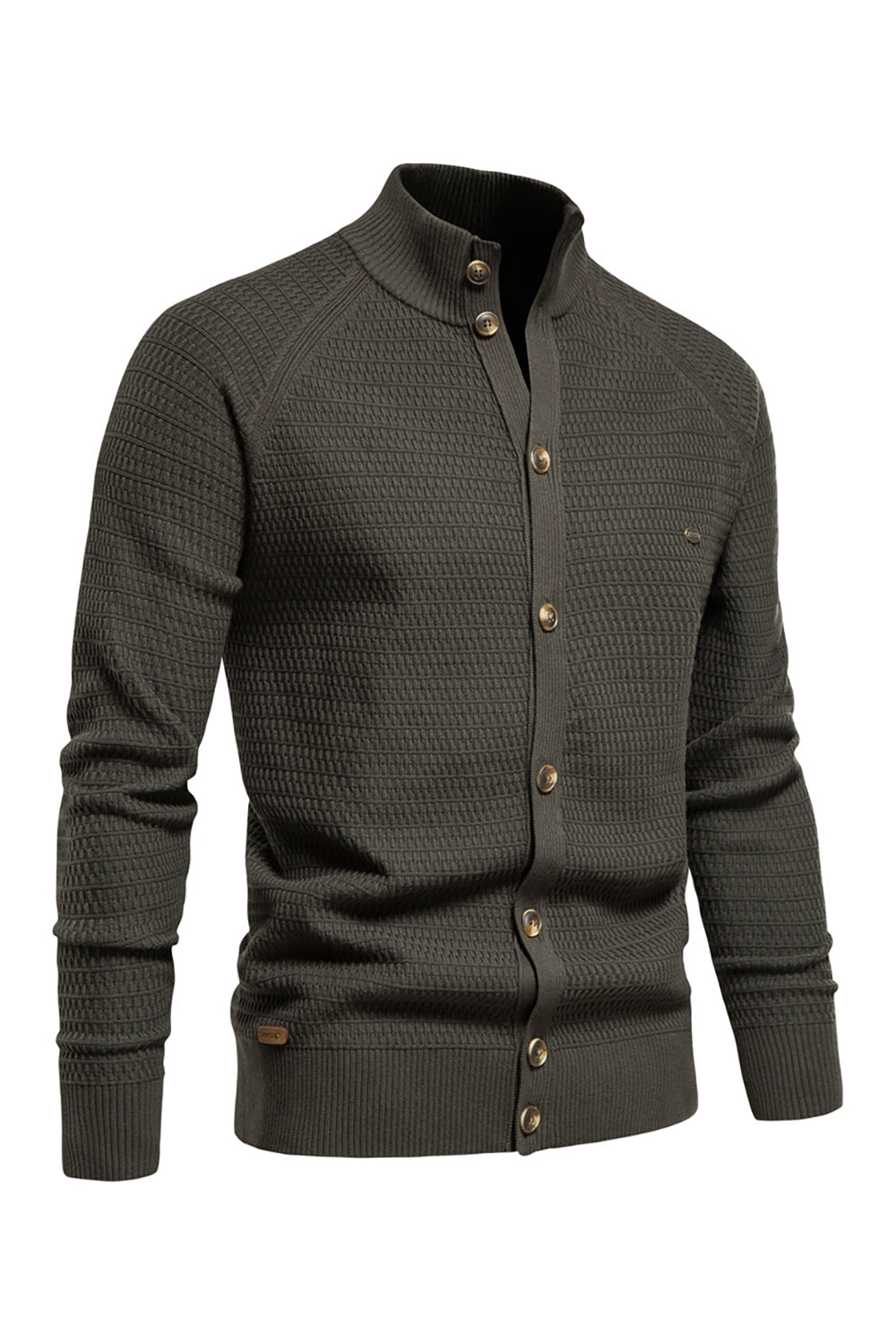 Men's Army Green Button Down Stand Collar Knit Sweater