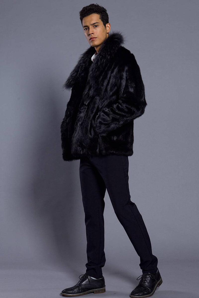 Load image into Gallery viewer, Black Lapel Neck Cropped Faux Fur Men Coat