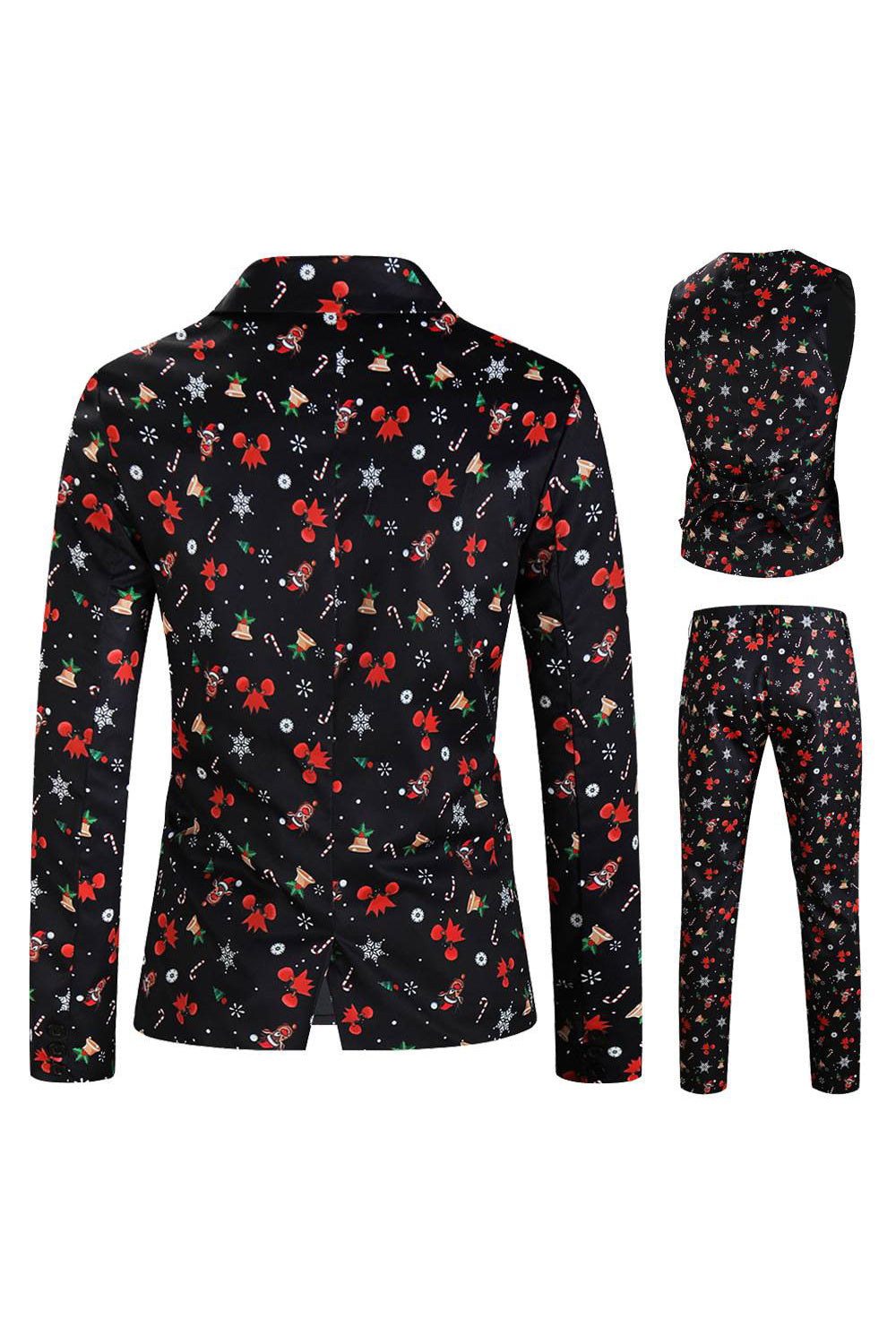 Men's Black Christmas Printed 3-Piece One Button Party Suits