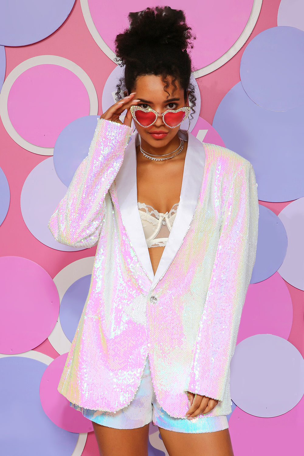 White Sequins One Button Women's Blazer