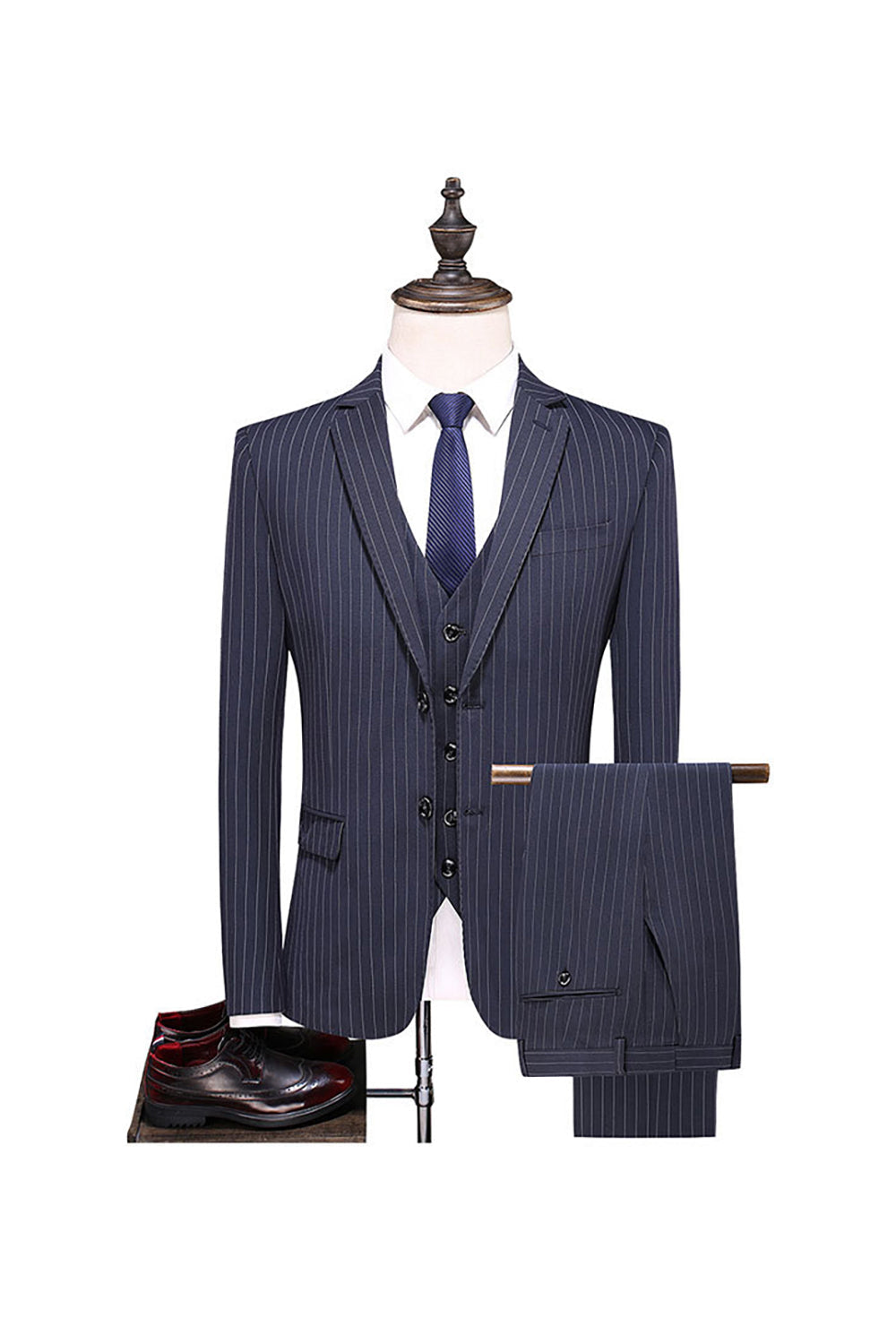 Grey Pinstripe Notched Lapel Men's 2 Pieces Suits