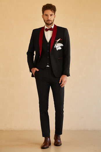 Black Red Shawl Lapel Men's 3 Piece Prom Suits