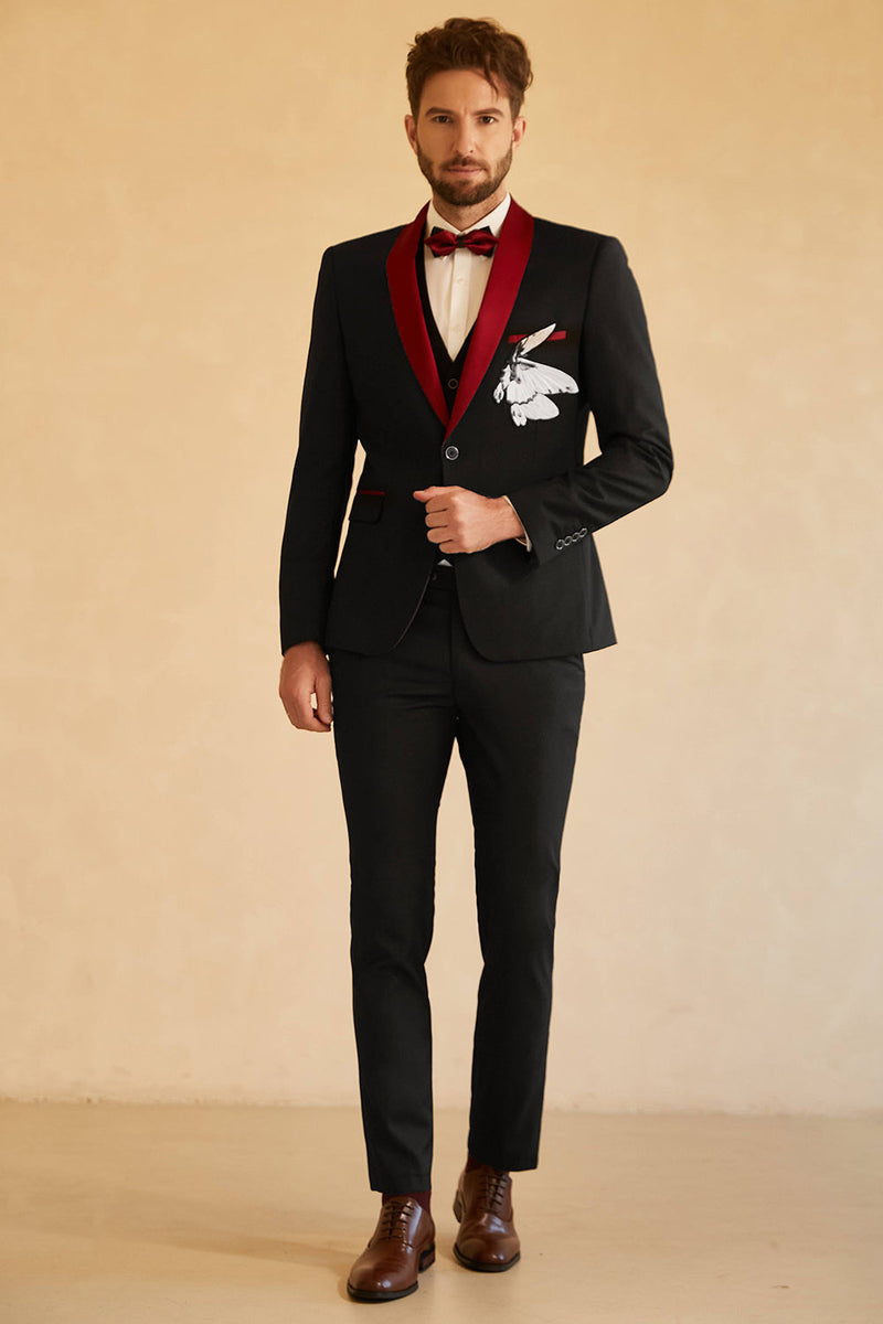 Load image into Gallery viewer, Black Red Shawl Lapel Men&#39;s 3 Piece Prom Suits
