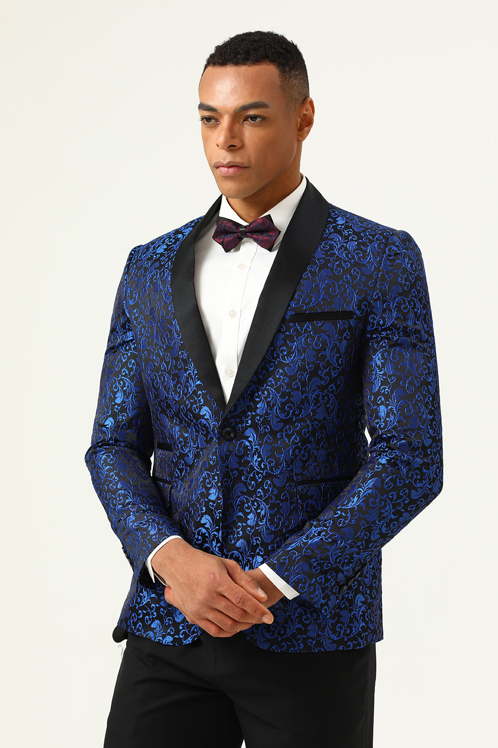 One Button Blue Shawl Lapel Jacquard Men's Formal Blazer