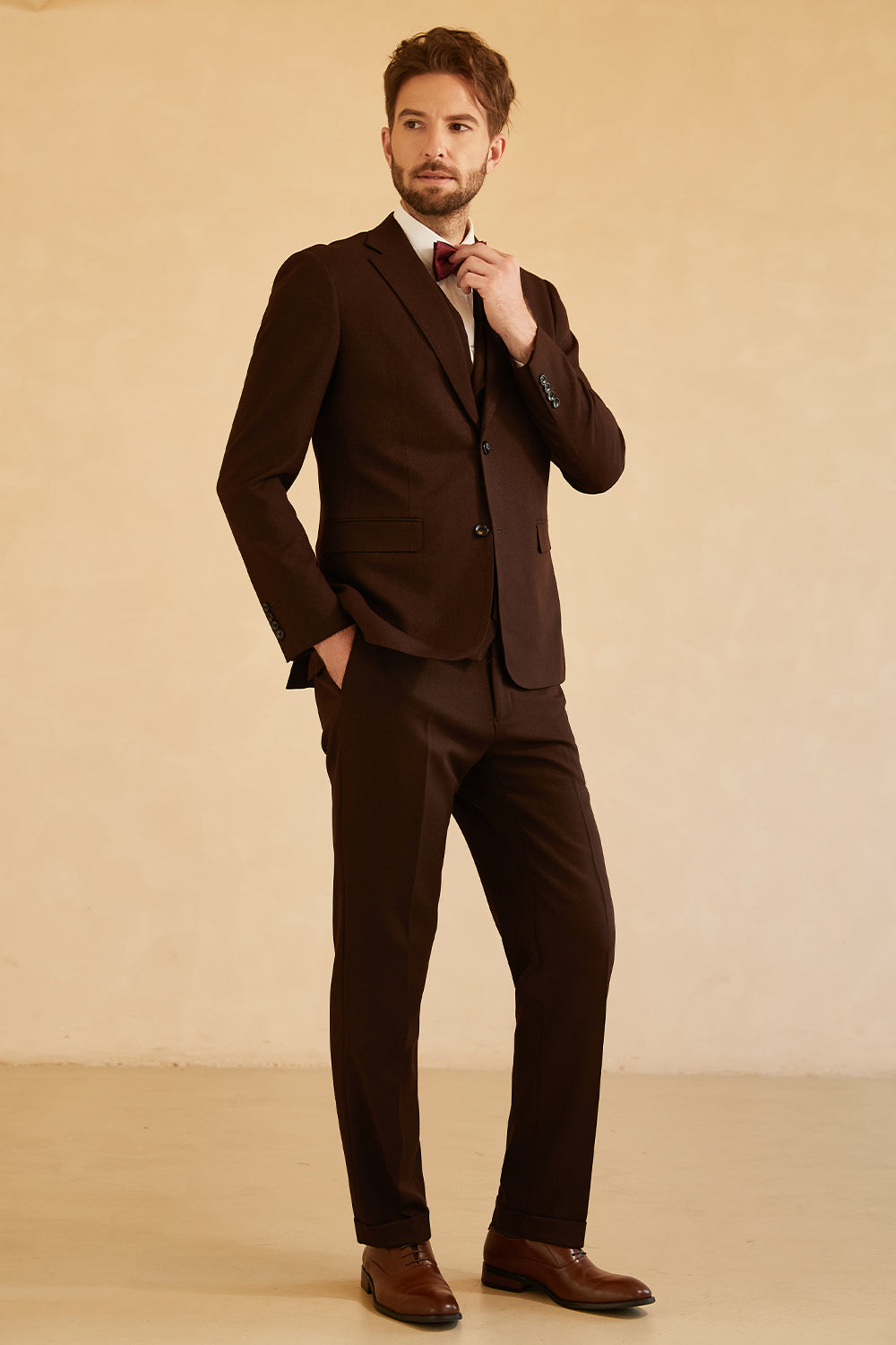Notched Lapel Two Button Dark Brown 3 Piece Suit Wedding